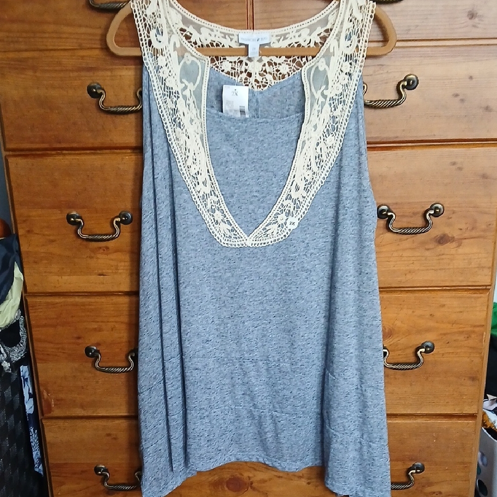 FASHION BUG Plus Size Crochet-Trim Grey Tank Top with Lace Yoke/ Size 2X